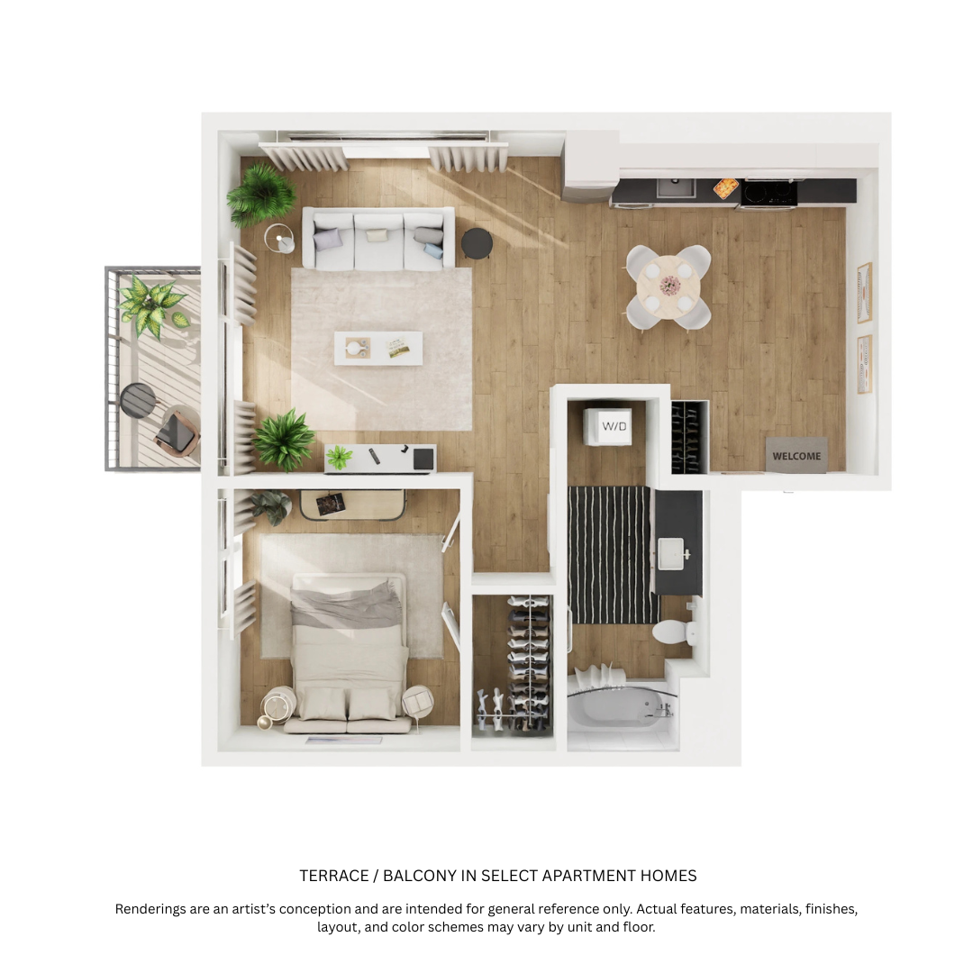 Floor plan for 1 bed, 1 bath, 631 sqft